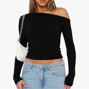 Darong Women's Long Sleeve Boat Neck Off Shoulder Slim Fit Going Out Top Black M